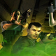 Gabe Logan and other Syphon Filter characters firing guns and taking cover behind a brick wall.